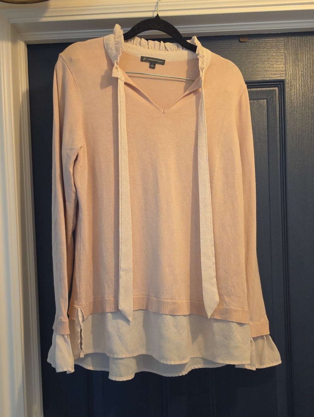 Adrianna Papell Peach Knit Tunic with Cream Ruffle Hem and Ties
